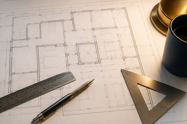 建物の平面図とスケール・製図用三角定規